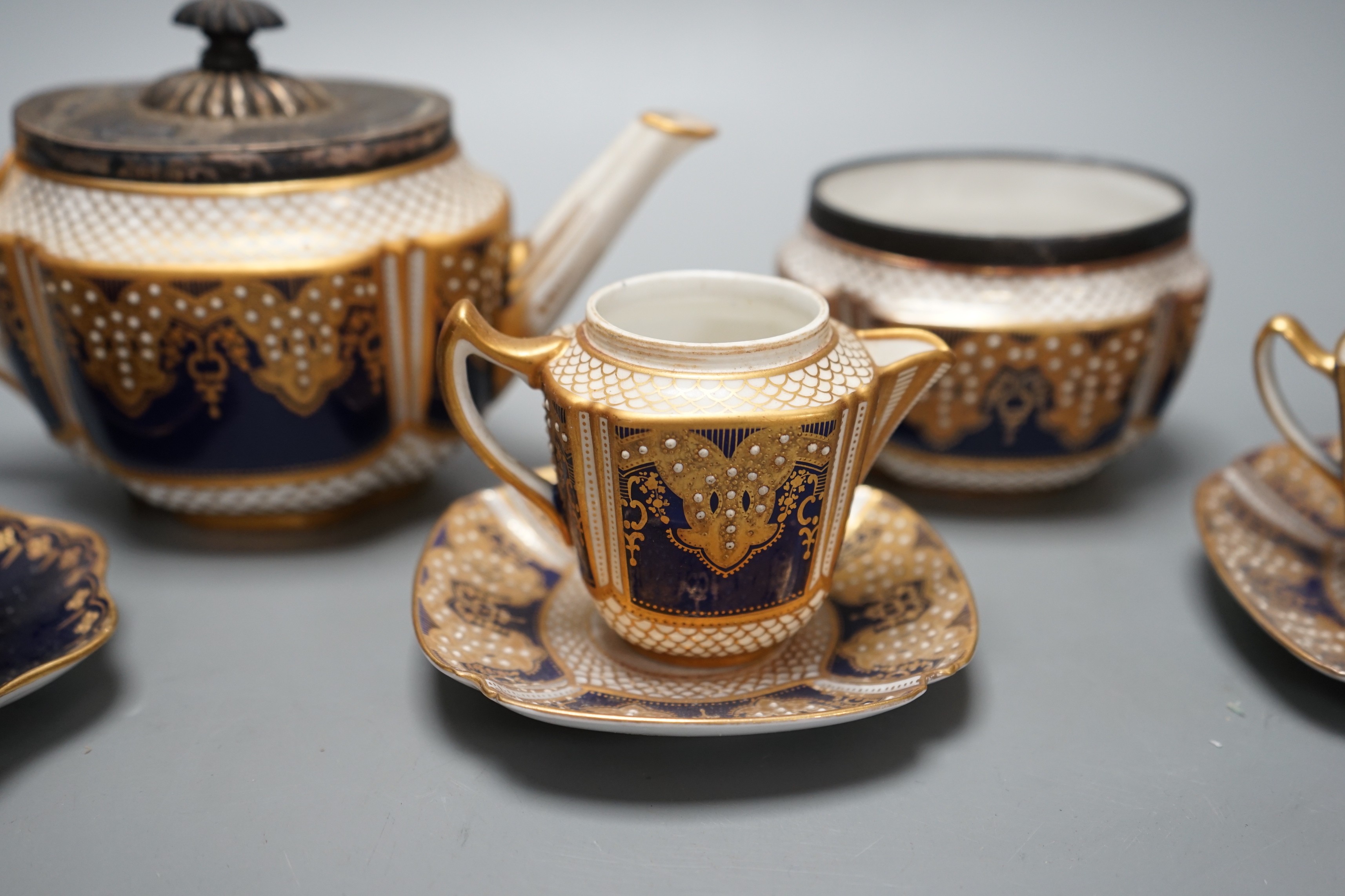 A Victorian Copeland Spode jewelled porcelain part tea set